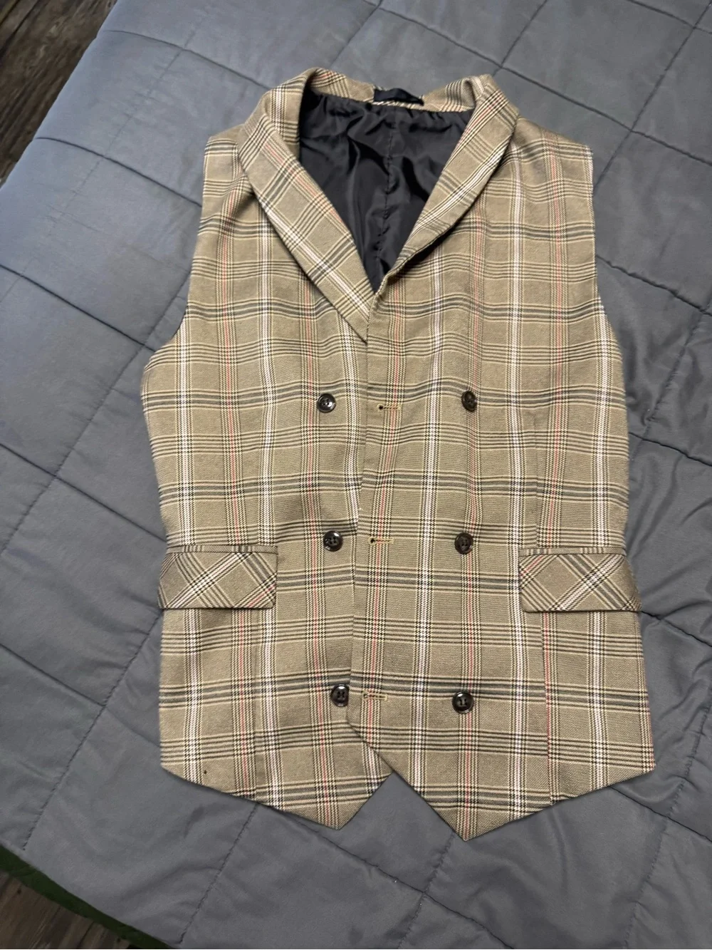 Men's Plaid Double-Breasted Waistcoat - Tan Check